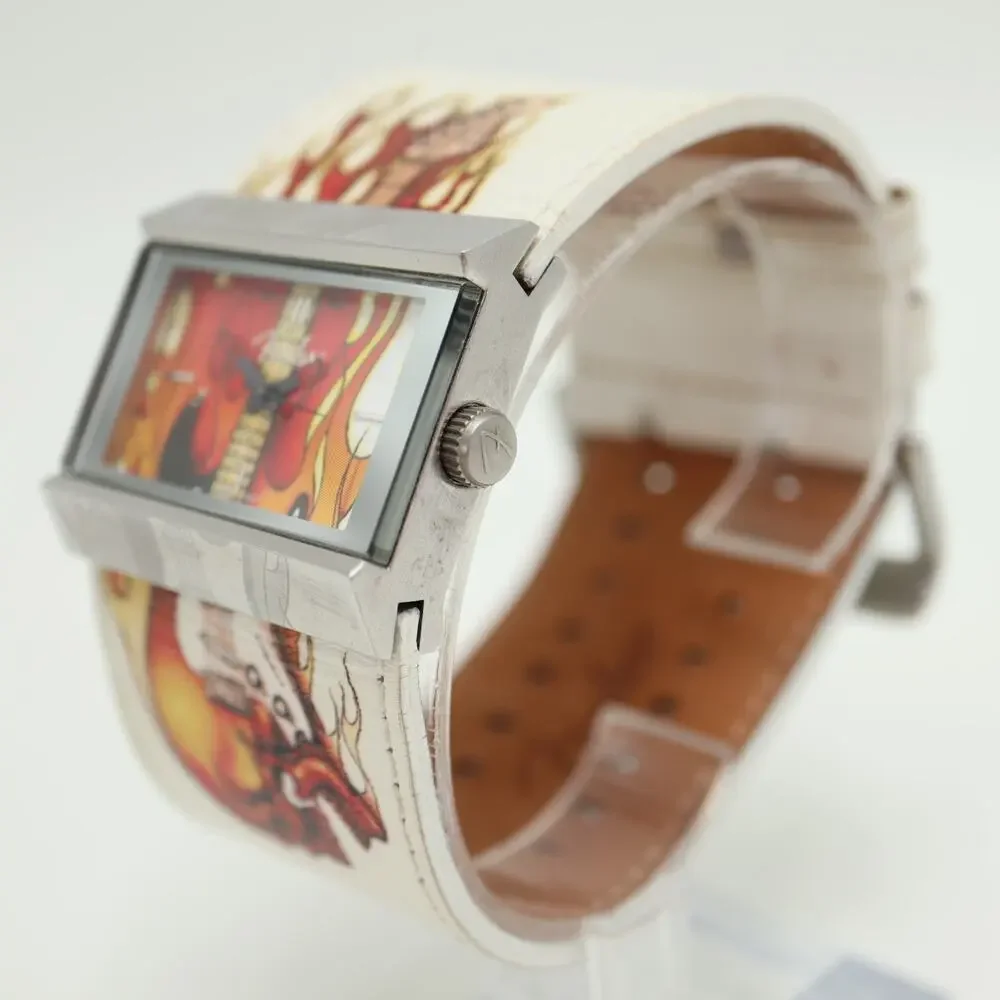 Fender Guitars Flames Skull White Leather 42mm Watch Y2K Rare w New Battery